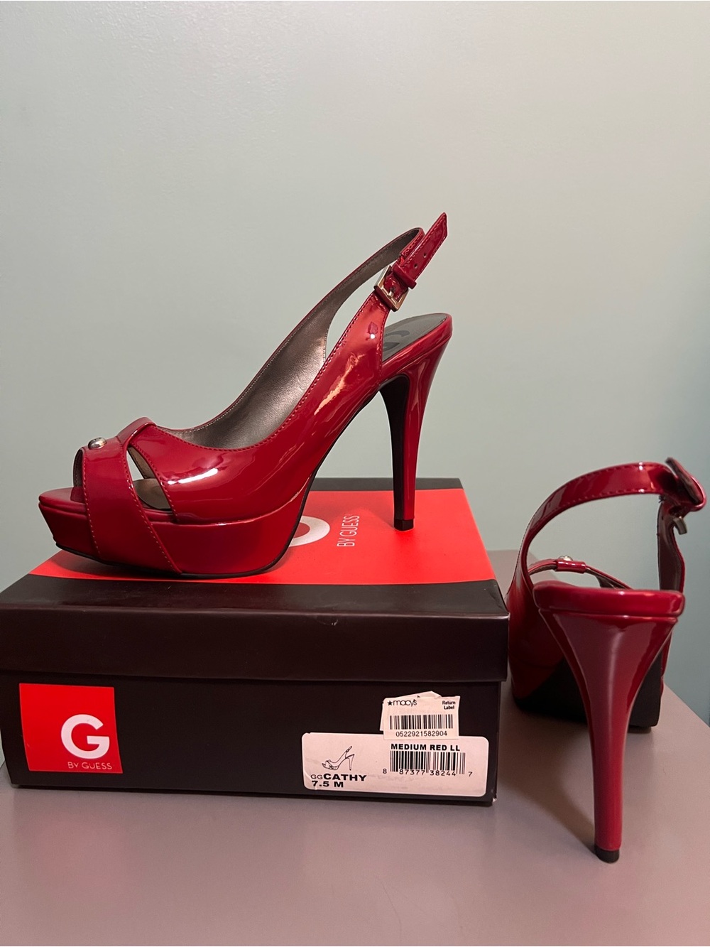 G BY GUESS "Cathy" Red Patent Leather Peep-Toe Slingback Platform Heels - 7.5 M